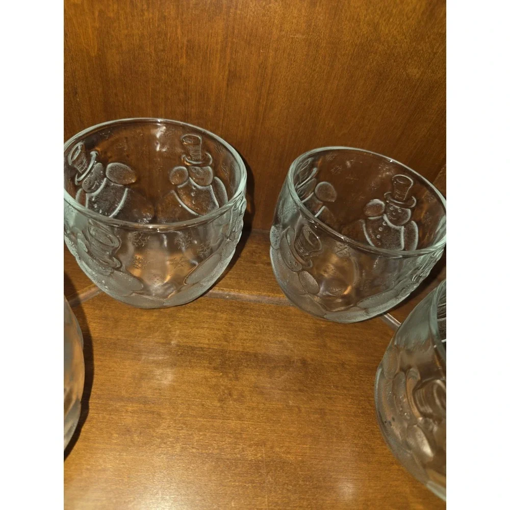 6pc Clear Glass Snowman Embossed Tumblers Set Round Vintage  10 oz